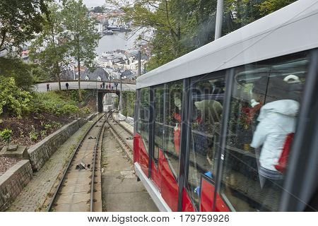 Floibanen funicular railway. Norwegian tourism highlight. Transportation. Bergen city