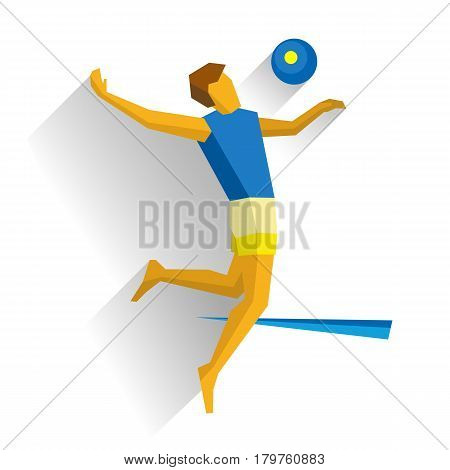Beach volleyball player. Athlete isolated on white background with shadows. International sport games infographic. Jumping sportsman with ball - Flat style vector clip art.
