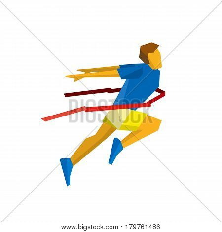 Running athlete crosses a finish line red ribbon. Athlete isolated on white background with shadows. International sport games infographic. Winning runner - flat style vector clip art.