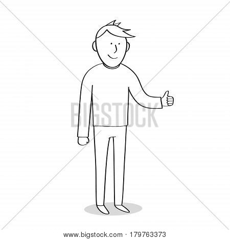 Man shows hands thumbs up, cartoon, sketch. Vector illustration.