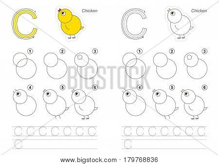 Vector illustrated alphabet with kid educational game to learn handwriting with easy gaming level for preschool kids, the drawing tutorial for letter C. Chicken.