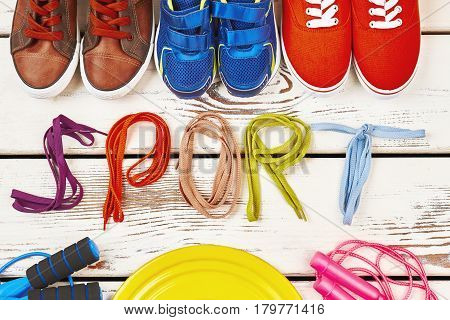 Sport footwear and skipping rope. Wellnes as a lifestyle.