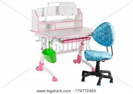 Blue chair pink school table green basket and desk lamp on the white isolated background.