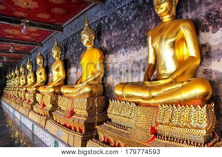 The Row of Golden Buddha in Thailand Bangkok Thailand