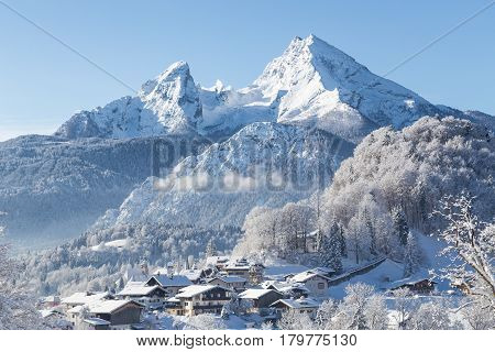 Winter wonderland scenery with the historic town of Berchtesgaden and Watzmann mountain in the Alps Bavaria Germany