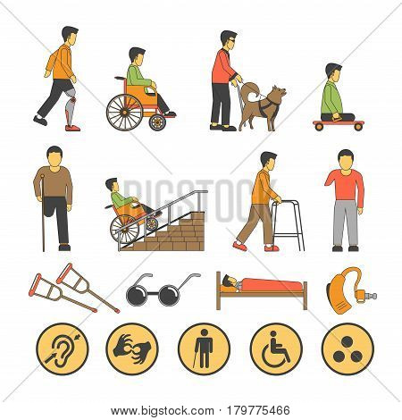 Persons with physical disability or handicapped people of limited opportunities and capabilities. Vector icons, signs and symbols for medical infographics flat design
