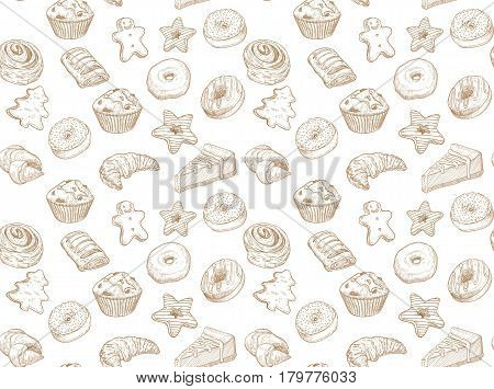 Hand drawn vector illustration - Seamless pattern with sweet and dessert. Yummy background croissant cupcakes pretzels cake cheesecake macaroon .