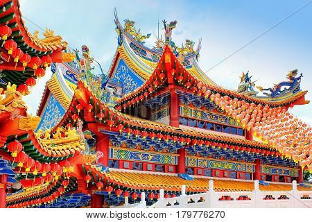 Red lanterns decoration in Thean Hou Temple Kuala Lumpur Malaysia. Thean Hou Temple is the oldest Buddhist Temple in Southeast Asia