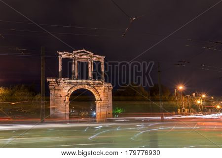 Night photo of Arch of Hadrian in Athens, Attica, Greece