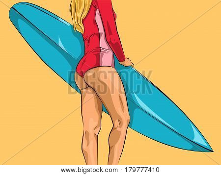 Colorful athletic pretty woman in red long sleeved swimwear holding surf board in comic style vector illustration