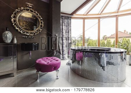Spacious Black Bathroom With Big Windows