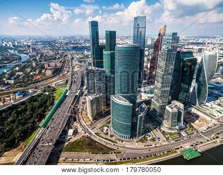 MOSCOW - AUGUST 21, 2016: Aerial view of Moscow-City (Moscow International Business Center) over Moskva River. Moscow-City is a modern commercial district in central Moscow.