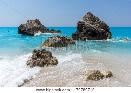 Amazing landscape of blue waters of Megali Petra Beach, Lefkada, Ionian Islands, Greece