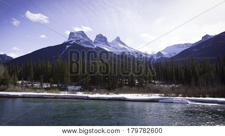 Three sisters, Bow River, mountain view of the 3 Sisters