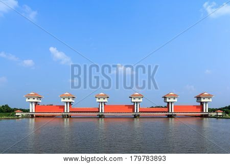 Sluice large on the Bang Pakong River in Chachoengsao Thailand .