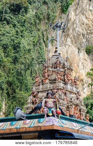 Indian Deity Statues decorating the Batu Caves from the outside Malaysia. The cave is one of the most popular Hindu shrines outside India