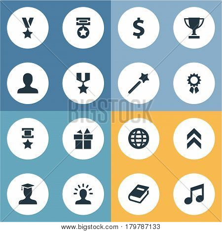 Vector Illustration Set Of Simple Awards Icons. Elements Victory, World, Avatar And Other Synonyms Conquering, Wand And Music.