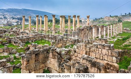 Ruins Of Temple In Ancient Gerasa Town In Winter