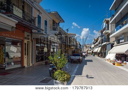 LEFKADA TOWN, GREECE JULY 17, 2014: Central street in Lefkada town, Ionian Islands, Greece