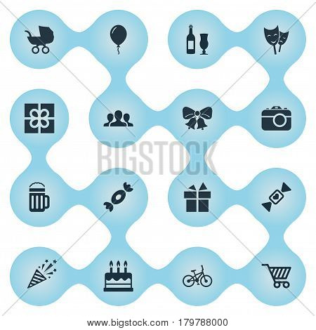 Vector Illustration Set Of Simple Holiday Icons. Elements Store Cart, Bicycle, Caramel And Other Synonyms Aerostat, Champagne And Sweet.