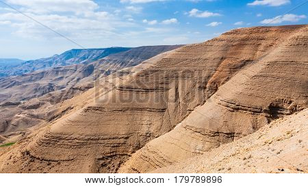 Sedimentary Mountain In Valley Of Wadi Mujib River