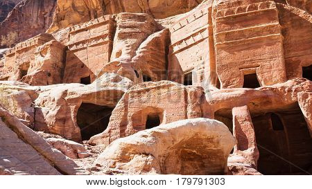 Facades Of Ancient Tombs And Houses In Petra Town