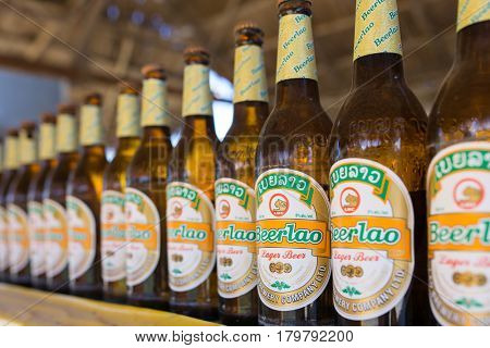 Vang Vieng, Laos - January 19, 2017: Beerlao is brewed from the best local rice and overseas high quality malt giving it a unique taste. Beerlao has become the best selling and leading brand in Laos.