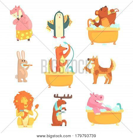 Cute animals bathing and washing in water, set for label design. Hygiene and care, cartoon detailed Illustrations isolated on white background
