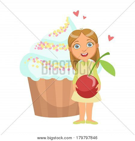 Happy young girl standing nearby a huge capkake and holding a cherry in her hands, a colorful character isolated on a white background