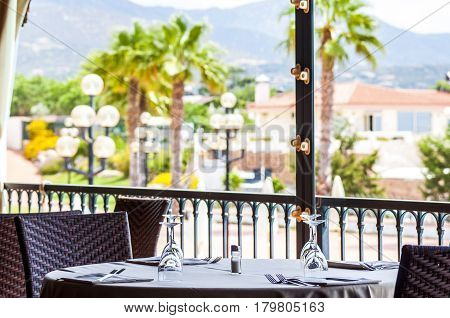 romantic dinner table setup decoration with Selective focus a sunny day