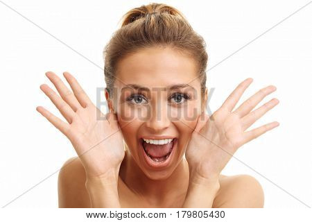 Woman face portrait isolated on white with healthy skin