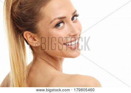 Woman face portrait isolated on white with healthy skin