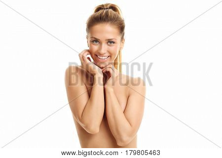 Woman face portrait isolated on white with healthy skin