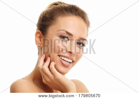 Woman face portrait isolated on white with healthy skin