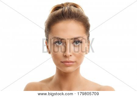 Woman face portrait isolated on white with healthy skin