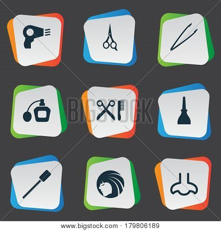 Vector Illustration Set Of Simple Spa Icons. Elements Perfume, Barbershop, Nail Polish And Other Synonyms Bottle, Perume And Hair.