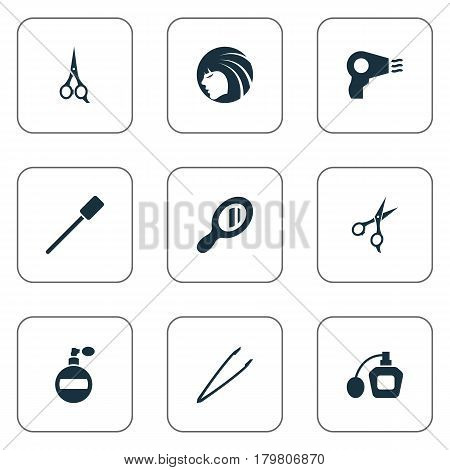 Vector Illustration Set Of Simple Salon Icons. Elements Eyelash Brush, Barber Tool, Fragrance And Other Synonyms Fragrance, Shears And Perume.