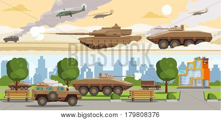 Military equipment horizontal banners with ground battle machines and air force in desert and city vector illustration