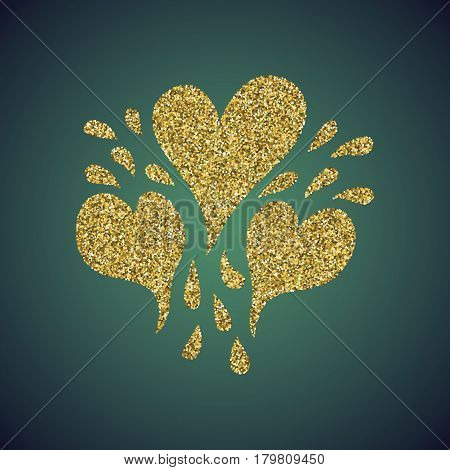A glamour brilliant jewelry gold glitter in the form of a hand drawn love heart symbol. Elegant decoration of gold round sequins. A small scattering of gold circles in the heart shape