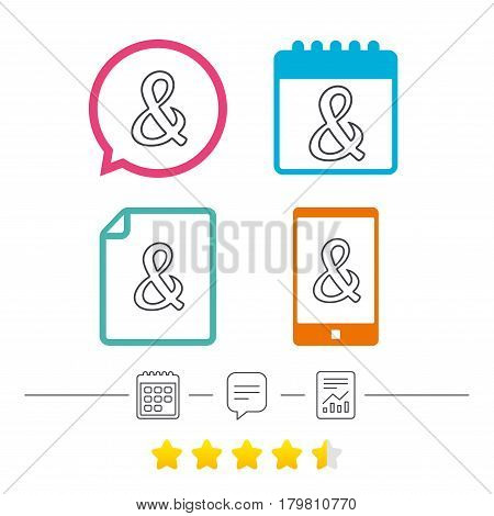 Ampersand sign icon. Programming logical operator AND. Wedding invitation symbol. Calendar, chat speech bubble and report linear icons. Star vote ranking. Vector