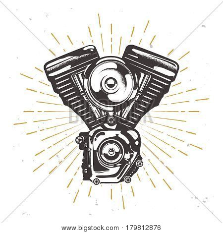Vector custom garage logotype with chopper engine, motorbike engine illustration with sun burst