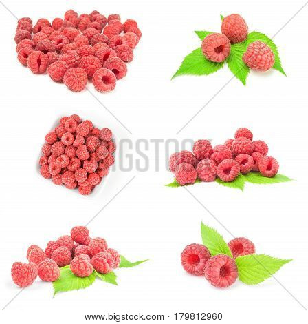 Collage of juicy raspberry isolated on a white cutout