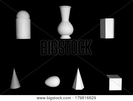 Plaster forms of figures on a black background - the contrast of shapes objects isolated. Abstract visual gypsum exhibits for art.