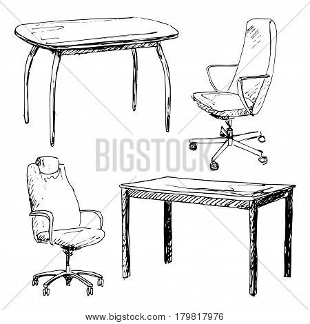 Sketch set isolated furniture. Different chairs and table. Linear black furniture on a white background. Vector illustration.