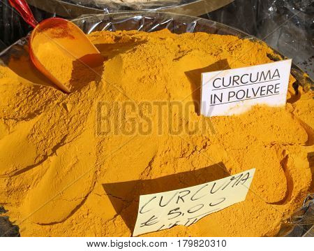 Curry Turmeric Powder With Writing In Italian Curcuma In Polvere