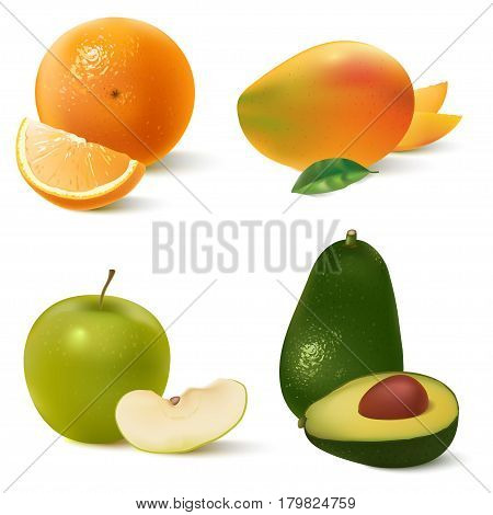 Realistic fruits set isolated on white background. Orange, mango, green apple, avocado. Vector illustration for your design.