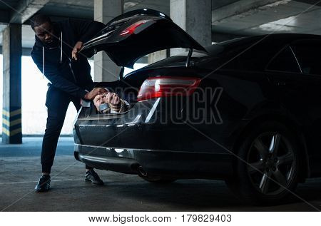Danger everywhere. Serious strong afro American man standing in front of the car boot and putting a person there while kidnapping him