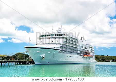 Big Cruise Ship, White Luxury Yacht In Sea Port, Antigua