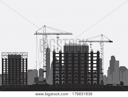 Silhouettes of building houses. Tower crane and houses of monolith. Flat vector illustration EPS10