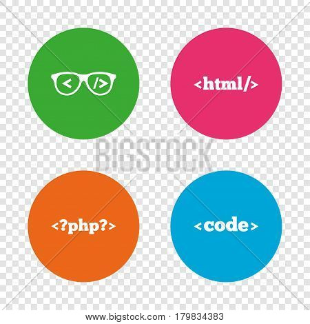 Programmer coder glasses icon. HTML markup language and PHP programming language sign symbols. Round buttons on transparent background. Vector